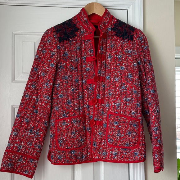 Marc Jacobs Jackets & Blazers - Marc Jacobs Red Floral Quilted Jacket with Black Embroidered Yoke
